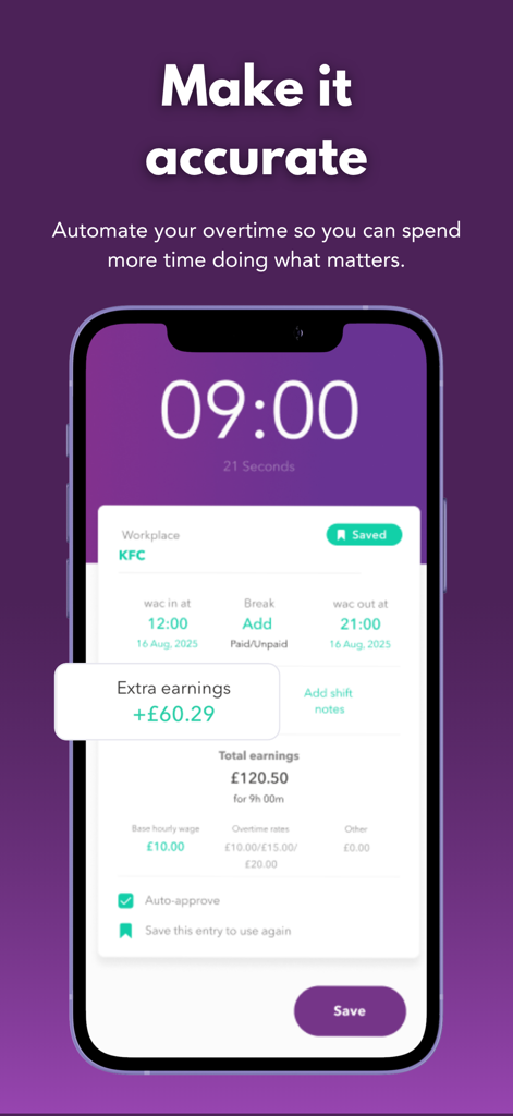 wac - shift & earnings tracker - A mobile interface of the wac app displaying shift duration and automated overtime earnings calculation for an hourly worker.