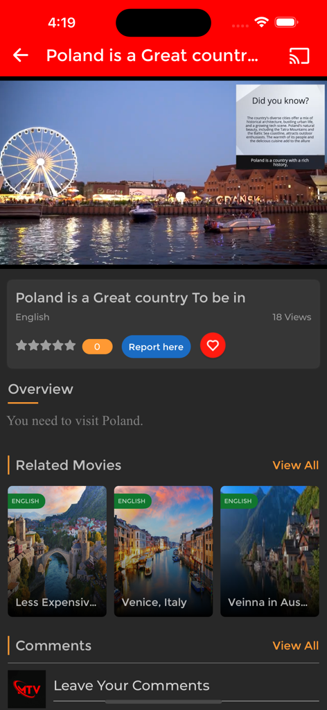 TheMemeTv - Screenshot of TheMemeTv app interface showing a travel video about Poland with a list of related destination videos