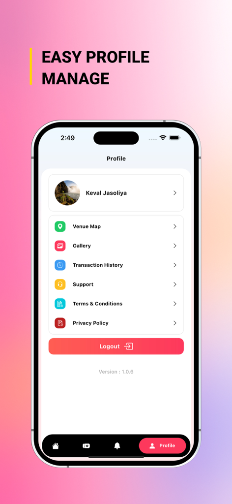 Profile management interface of the My Digi Event mobile app showing user settings and navigation options