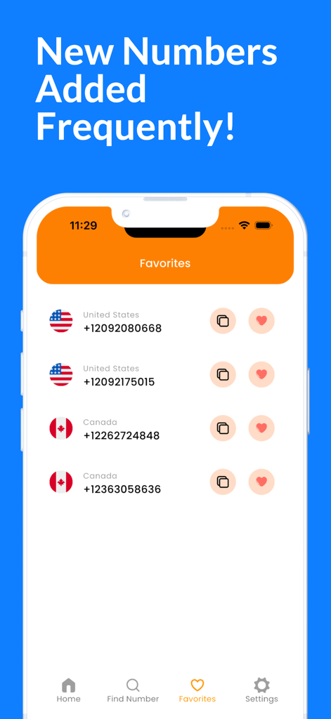 Receive SMS Online Temporary - Favoriten-Bildschirm mit temporären virtuellen Telefonnummern für die USA und Kanada.