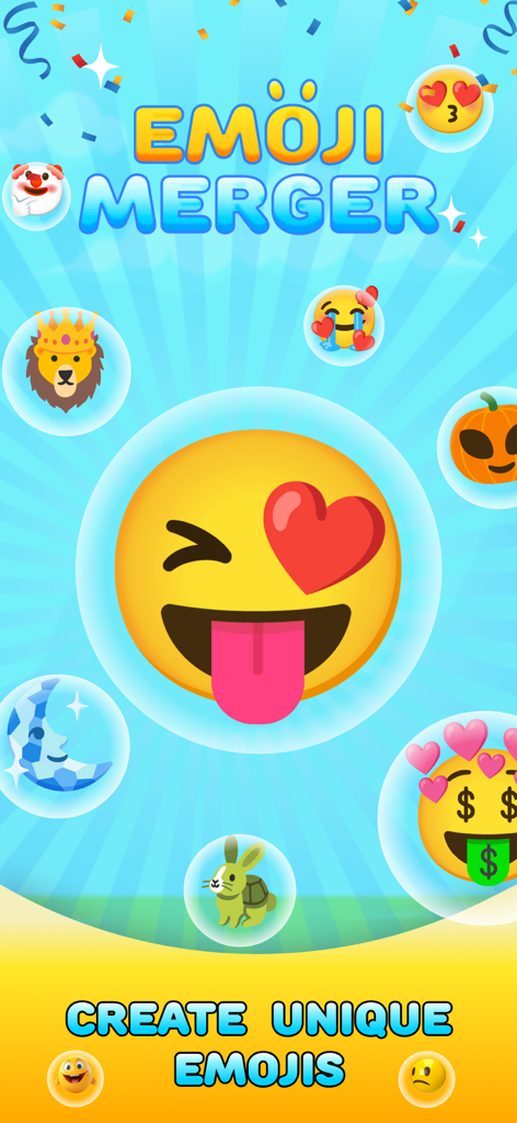 Emoji Merge - Fun Emoji Game - Hauptbildschirm der Emoji Merger App mit einem großen zwinkernden Herzaugen-Emoji und verschiedenen benutzerdefinierten Emoji-Kombinationen in Blasen