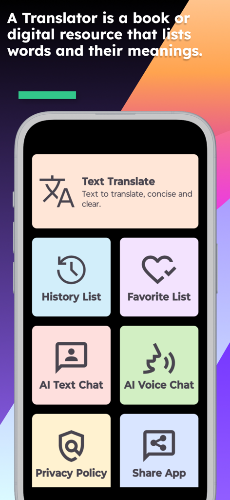 English Fijian Translator - Main interface of the English Fijian Translator app showing menu options for text translation history and favorites