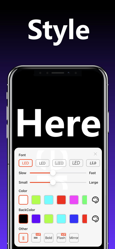 LED Banner－LED - Interface of the LED Banner app showing text style settings including font and color