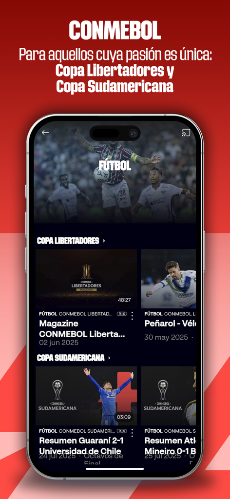 LALIGA+ Live Sports - Smartphone screen of LALIGA plus app featuring CONMEBOL Copa Libertadores and Sudamericana soccer matches
