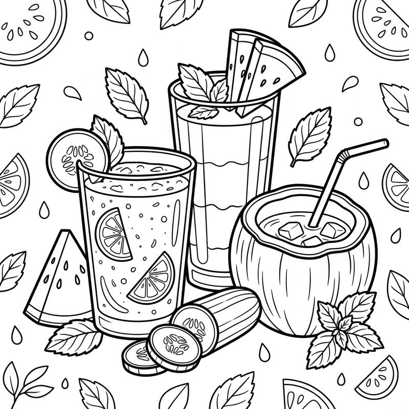 Quench your creative thirst with this delightful coloring page featuring an array of hydrating smoothies and juices. Dive into a world of fresh flavors and refreshing details, perfect for a relaxing coloring escape.