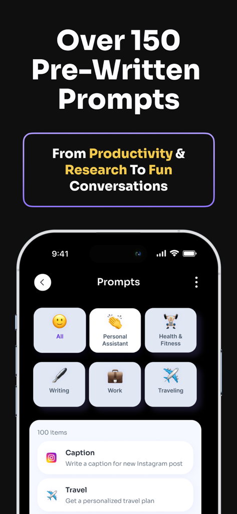 Mobile App-Oberfläche von ChatAssist, die eine Vielzahl von vorformulierten KI-Prompt-Kategorien wie Schreibarbeit und Gesundheit anzeigt