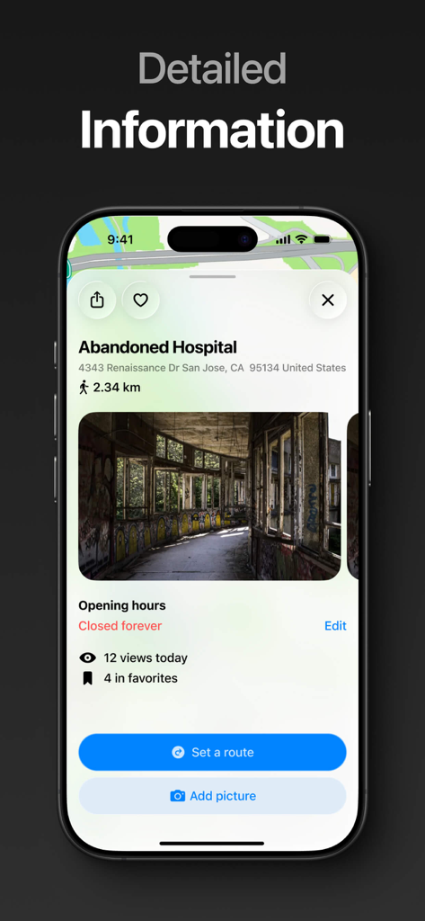 Uma tela móvel mostrando informações detalhadas para um hospital abandonado com uma foto e opções de planejamento de rota no aplicativo Urbex.