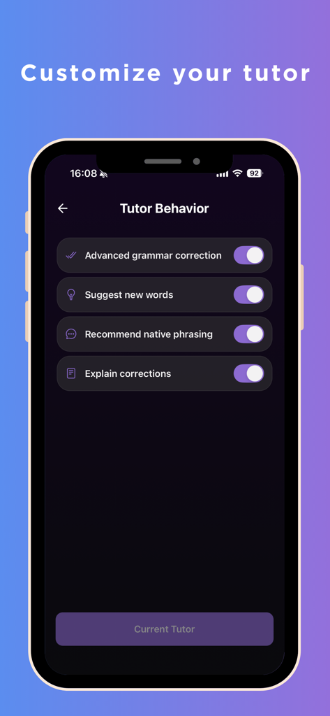 Nuva - English Tutor - Pantalla de personalización del comportamiento del tutor de IA en la aplicación de aprendizaje de inglés Nuva