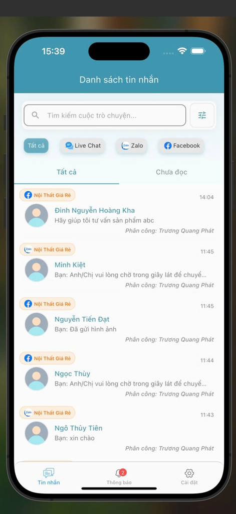 MiChat (MiTek) - MiChat app interface showing a list of customer messages integrated from Facebook, Zalo, and Live Chat on an iPhone screen.