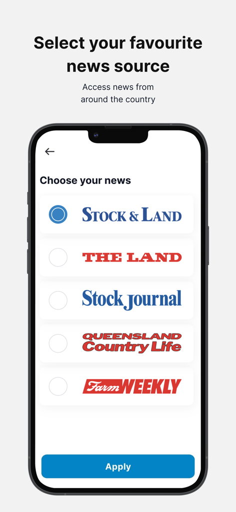 Stock & Land: News & Livestock - Mobile app screen for selecting agricultural news sources like Stock and Land and The Land