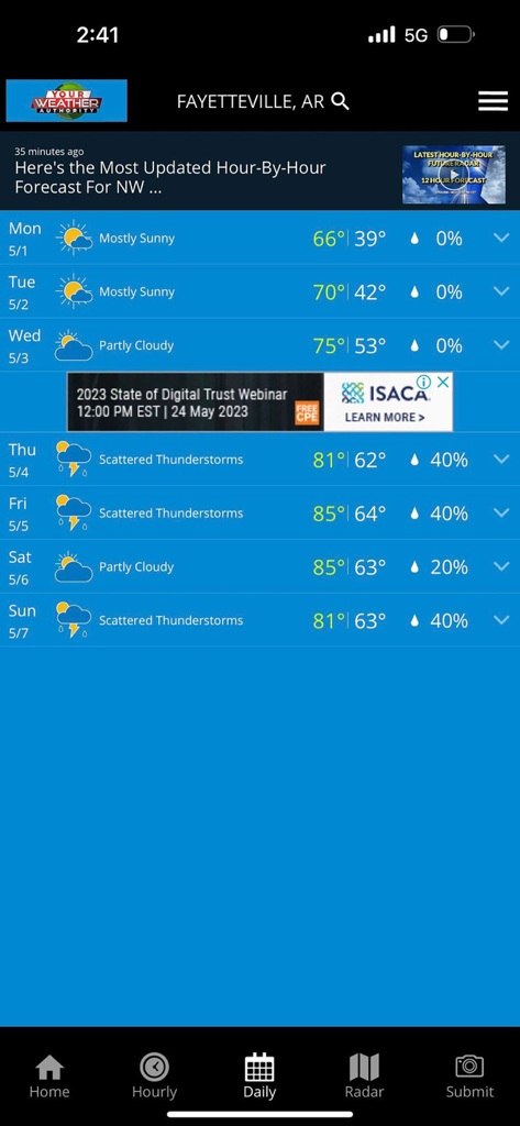 NWA - Your Weather Authority - A mobile app screen showing the seven day daily weather forecast for Fayetteville Arkansas with temperatures and conditions.