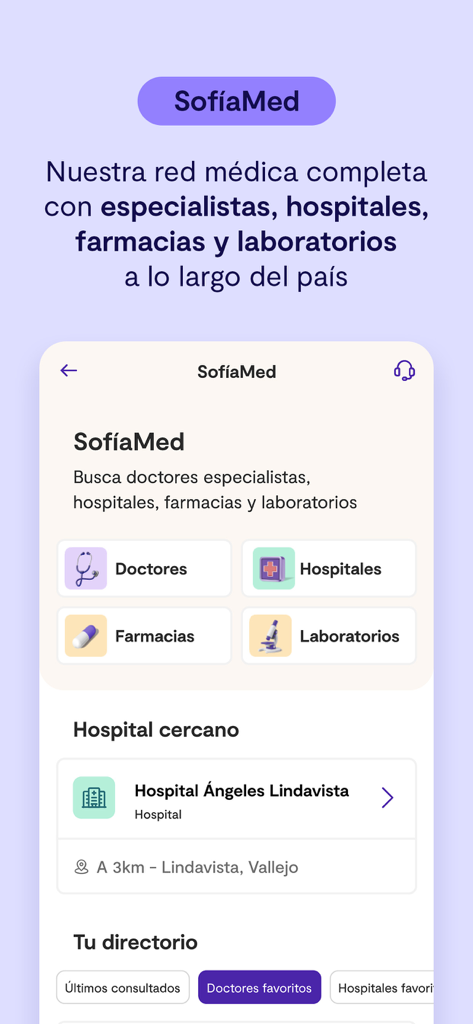 Sofía - Uma tela do aplicativo Sofia mostrando o recurso SofiaMed que permite aos usuários pesquisar médicos, hospitais, farmácias e laboratórios.