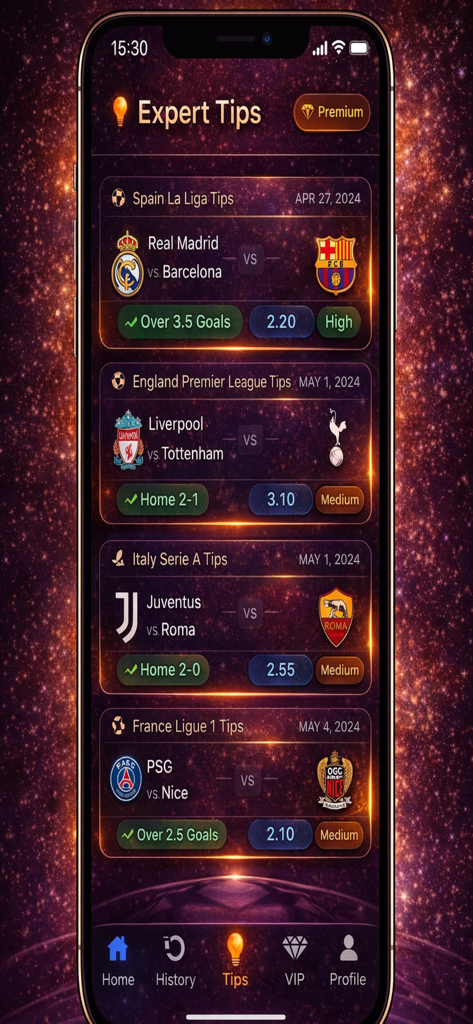 Daily Football Predictions Ai - Interfaz de la aplicación Daily Football Predictions Ai que muestra consejos de apuestas de expertos y análisis de partidos para ligas de fútbol