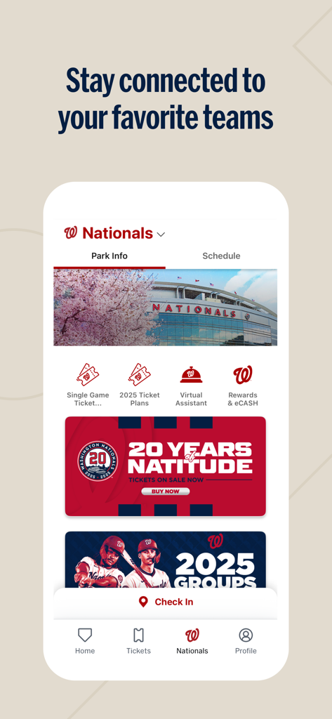 A screenshot of the MLB Ballpark app showing the Washington Nationals team page with park info and ticket options