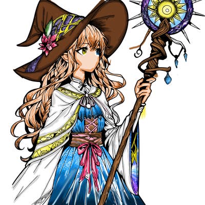 a realistic fantasy manga witch with a staff
