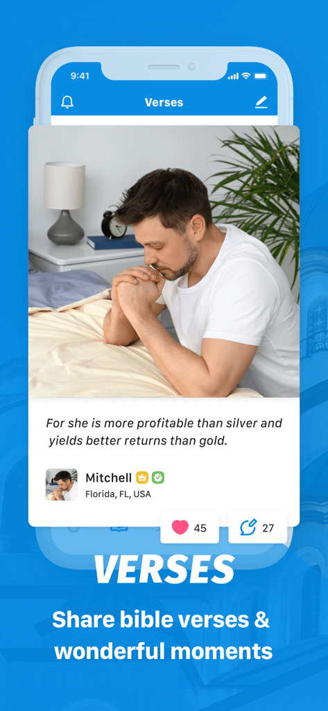A screenshot of the CFish app's Verses feature showing a man praying and a Bible verse shared by a user.