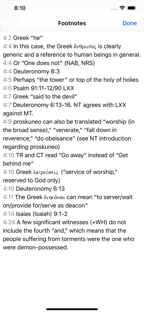 Eastern Orthodox Bible - Detailed scholarly footnotes in the Eastern Orthodox Bible app explaining Greek translation variants and scripture cross-references.