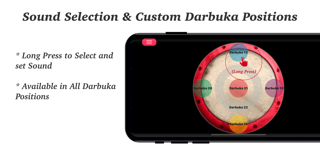 Interfaz de la aplicación Darbuka mostrando la selección de sonido personalizado y las posiciones de los pads de batería