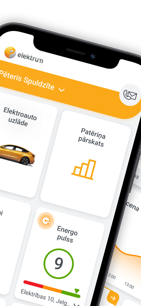 Elektrum Latvija app home screen with EV charging and energy consumption stats