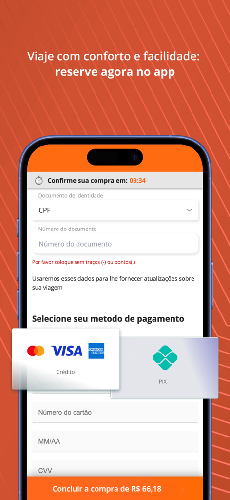 Pantalla de pago de la app Saritur Viagens mostrando opciones de pago con tarjeta de crédito y Pix para reserva de viajes en autobús.