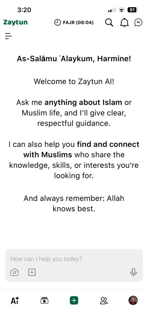 Zaytun AI welcome screen featuring the Islamic AI chat interface
