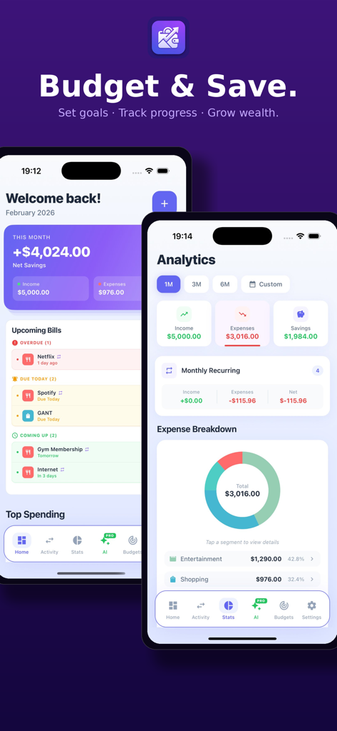 SpendWise: Expenses Tracker - SpendWise app interface showing a financial dashboard with upcoming bills and an analytics screen with an expense breakdown chart.