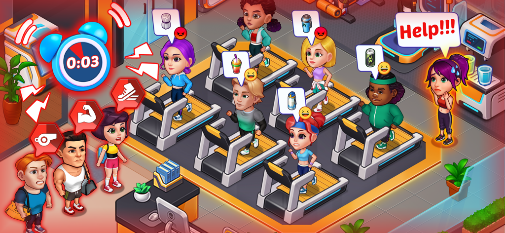 Happy Fitness: Gym Game - カウントダウンタイマーが表示された、賑やかなバーチャルジム管理ゲームのトレッドミルで運動するキャラクター