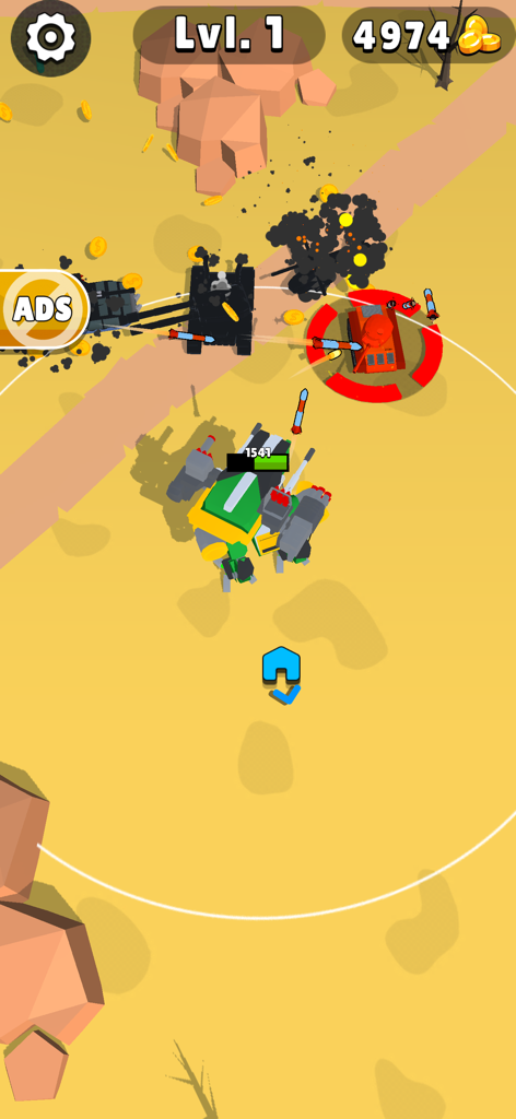 Top-down view of a 3D tank battle with explosions and missiles in a desert environment