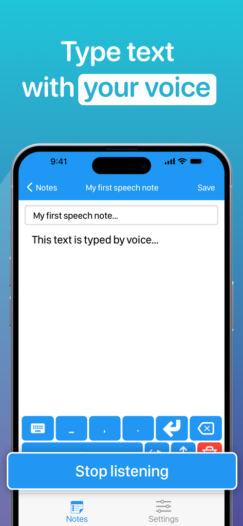 Speech to Text: Voice memos - Pantalla de smartphone mostrando la función de dictado de voz a texto con una nota siendo escrita