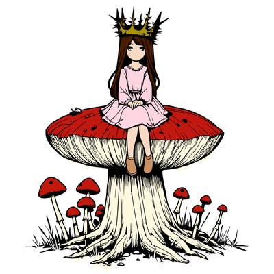 realistic girl sitting on a huge tree stump size toadstool with thorn crown