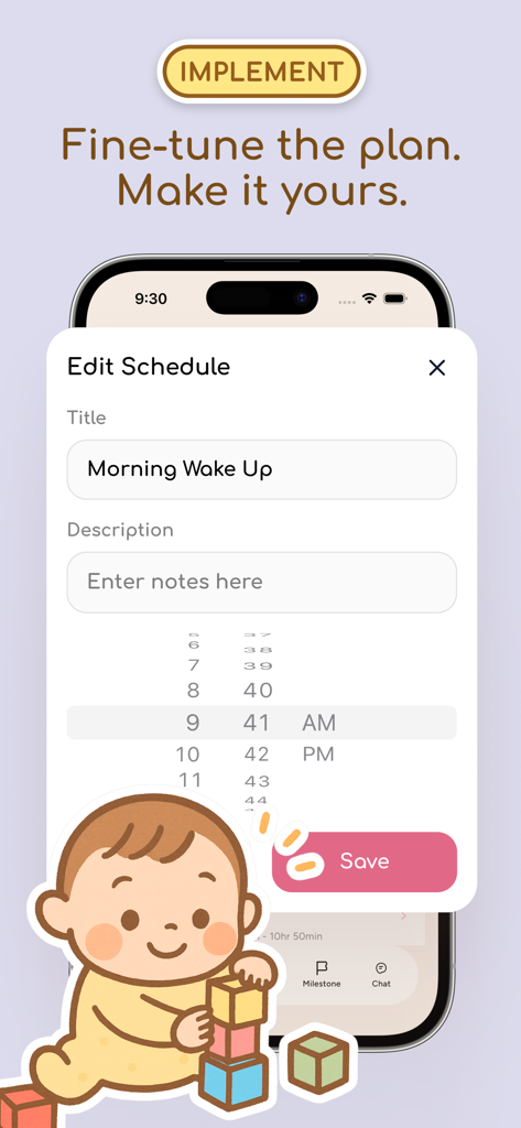 Cocoo: AI Baby Sleep Debugger - Cocoo app interface showing how to customize a baby sleep schedule time
