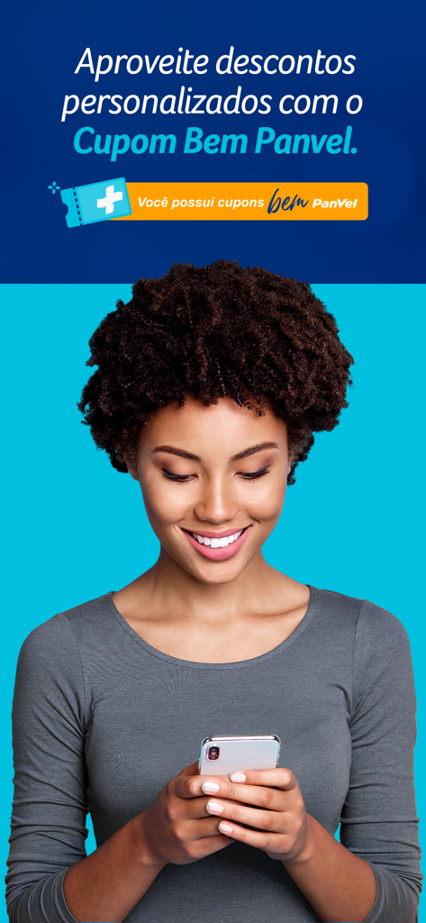 Panvel Farmácia e Perfumaria - A woman using the Panvel app on her smartphone to access personalized coupons and discounts