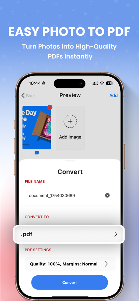 Interface de l'application PDF Converter montrant la sélection de photos et les paramètres de conversion de documents