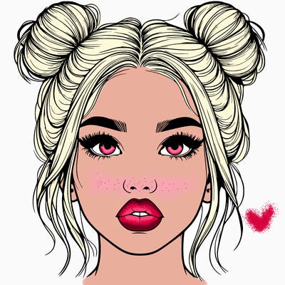 realistic girl with two buns on her hair and lips