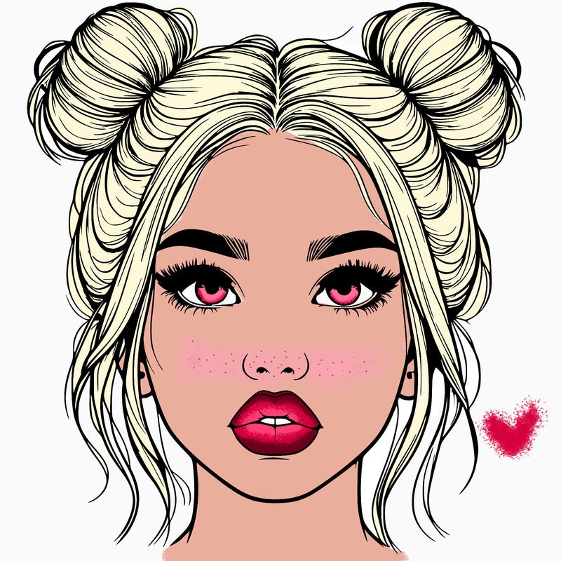 realistic girl with two buns on her hair and lips