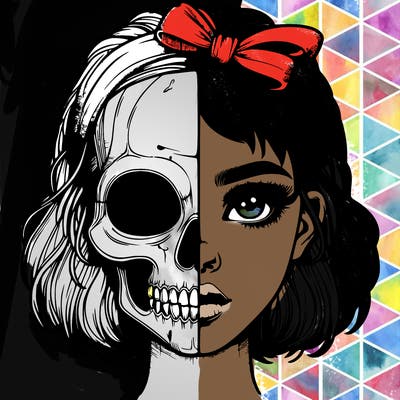 realistic girl with half skull mask