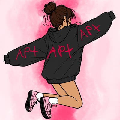 realistic girl jumping with a bun and oversized sweatshirt