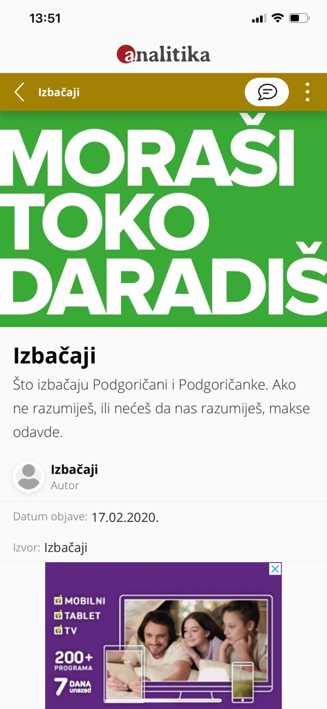 Portal Analitika mobile app news article screen with large text graphic and local content