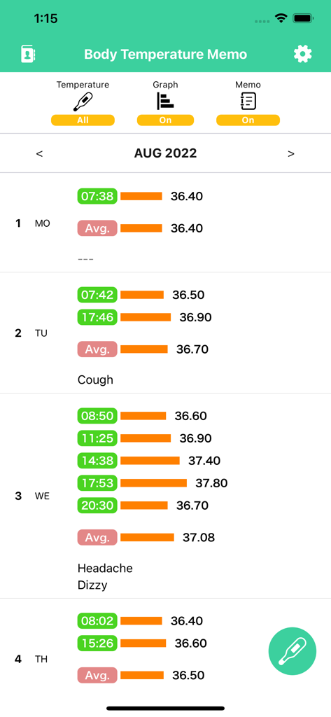 Body Temperature Memo - Vertical list of daily body temperature readings and symptom memos in the Body Temperature Memo app