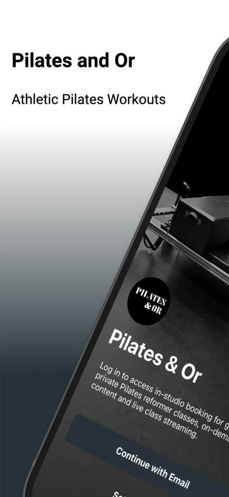 Pilates & Or - The welcome screen of the Pilates and Or mobile app showing the athletic pilates workouts headline and login options