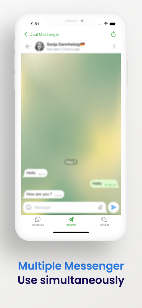 Messenger Web Dual for WA - Interfaz de chat de Telegram dentro de la aplicación Messenger Web Dual mostrando soporte para múltiples plataformas de mensajería