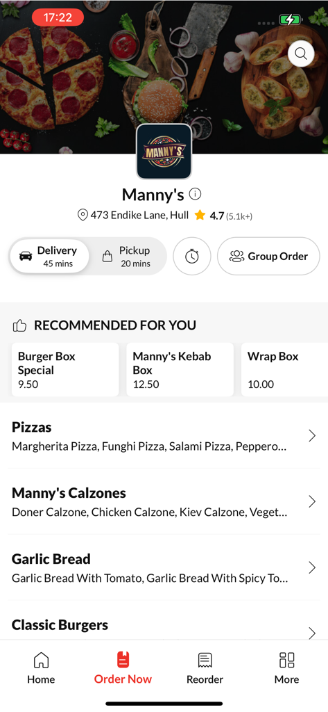 Manny's. - Manny's 모바일 앱, 음식 메뉴 및 배달 옵션 표시