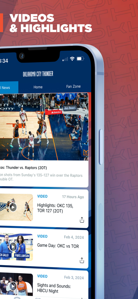 Oklahoma City Thunder mobile app video highlights and team news feed