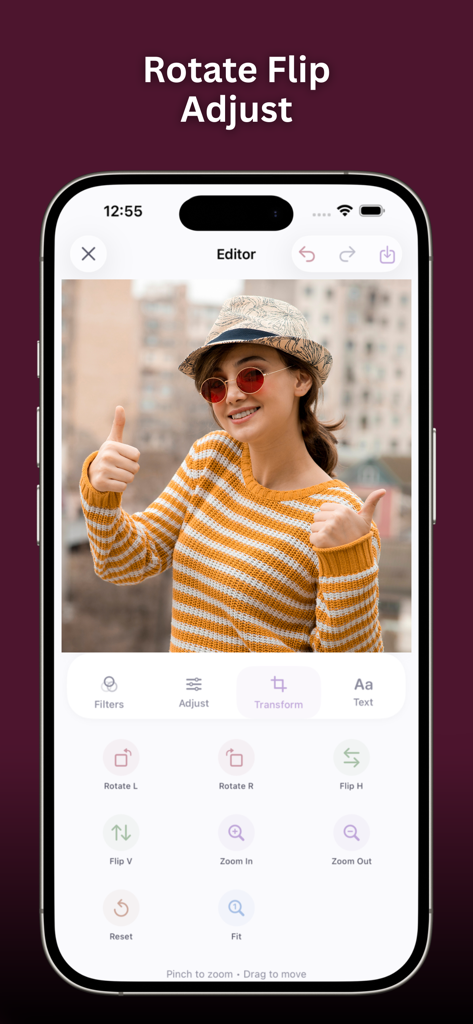 Photo Edit Studio++ - Screenshot of the Photo Edit Studio plus plus app showing transform features like rotate flip and zoom used on a portrait photo