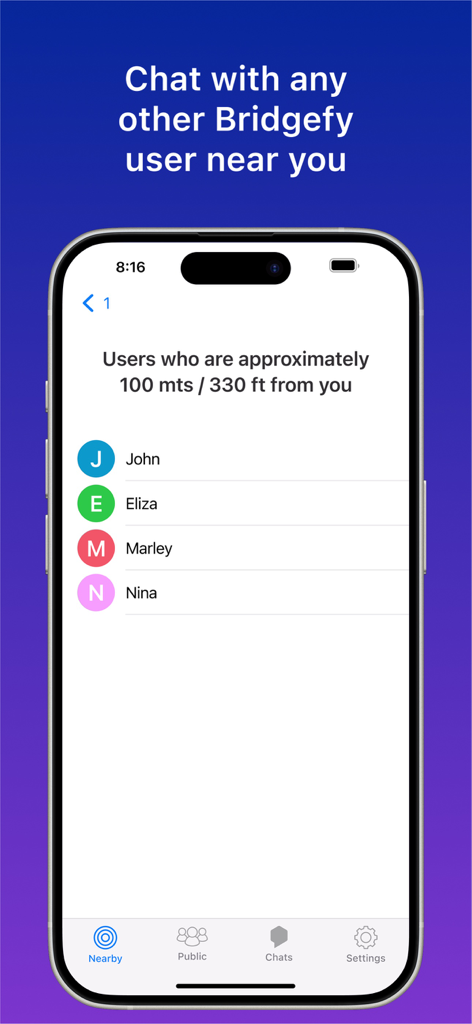 Pantalla de la aplicación Bridgefy que muestra una lista de usuarios cercanos para mensajes sin conexión dentro de un radio de 100 metros