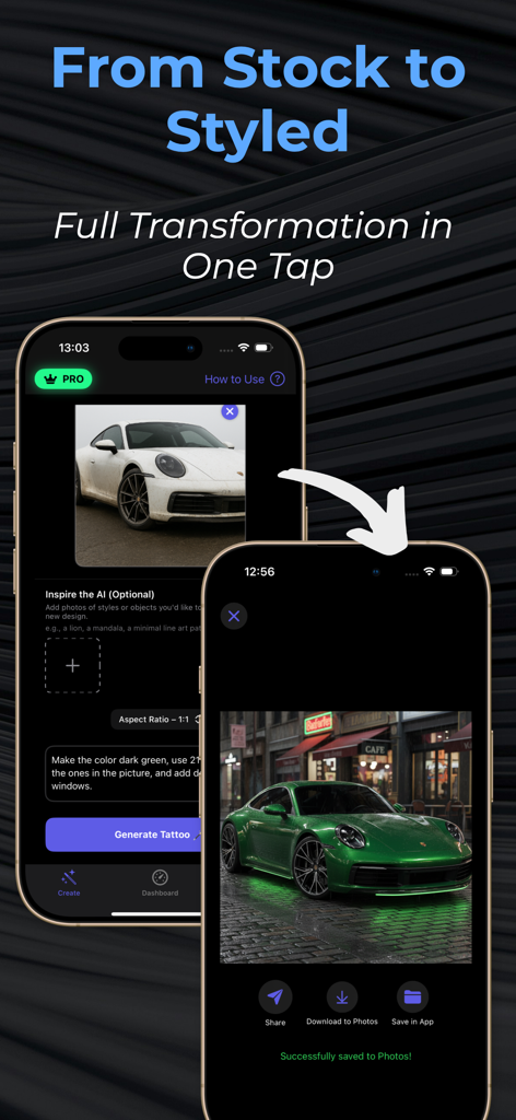 Car Mod & Tuning AI - Paul - Comparación que muestra un Porsche blanco de serie transformado en un coche verde modificado usando IA