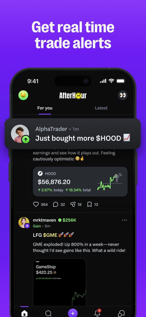 Mobile screen showing AfterHour app interface with real-time stock trade alerts and a social feed of verified investor moves.