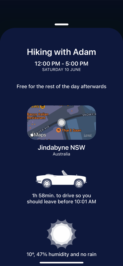 Timepage-Kalender-App mit Termin-Details, Reisezeit-Karten und Wettervorhersage