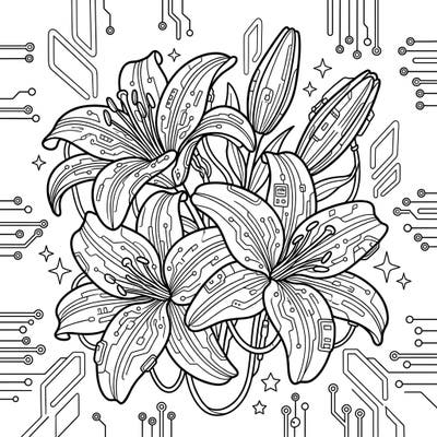 Dive into a futuristic garden with this striking Cyberpunk Asiatic Lilies coloring page. Experience the intricate blend of organic beauty and high-tech design in a truly unique way.