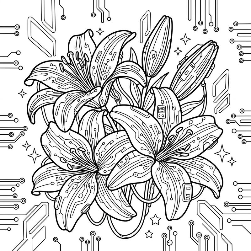Dive into a futuristic garden with this striking Cyberpunk Asiatic Lilies coloring page. Experience the intricate blend of organic beauty and high-tech design in a truly unique way.